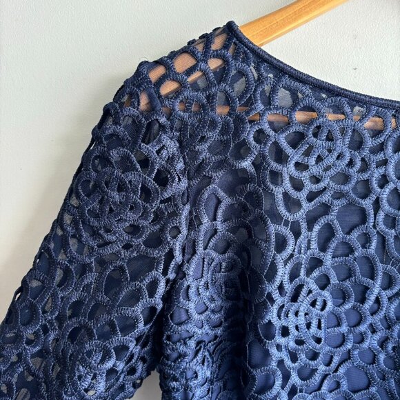 NWT Tadashi Shoji Formal Gown Size 6 Navy Blue Long Sleeve Floral Lace Bodice - Picture 5 of 16